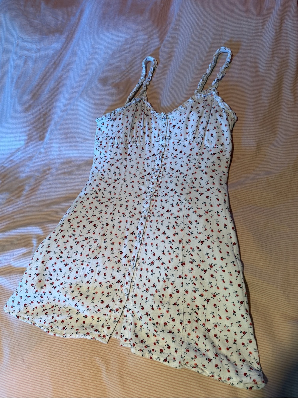 White Mini Dress with Red Floral Print - Sleeveless Button-Front